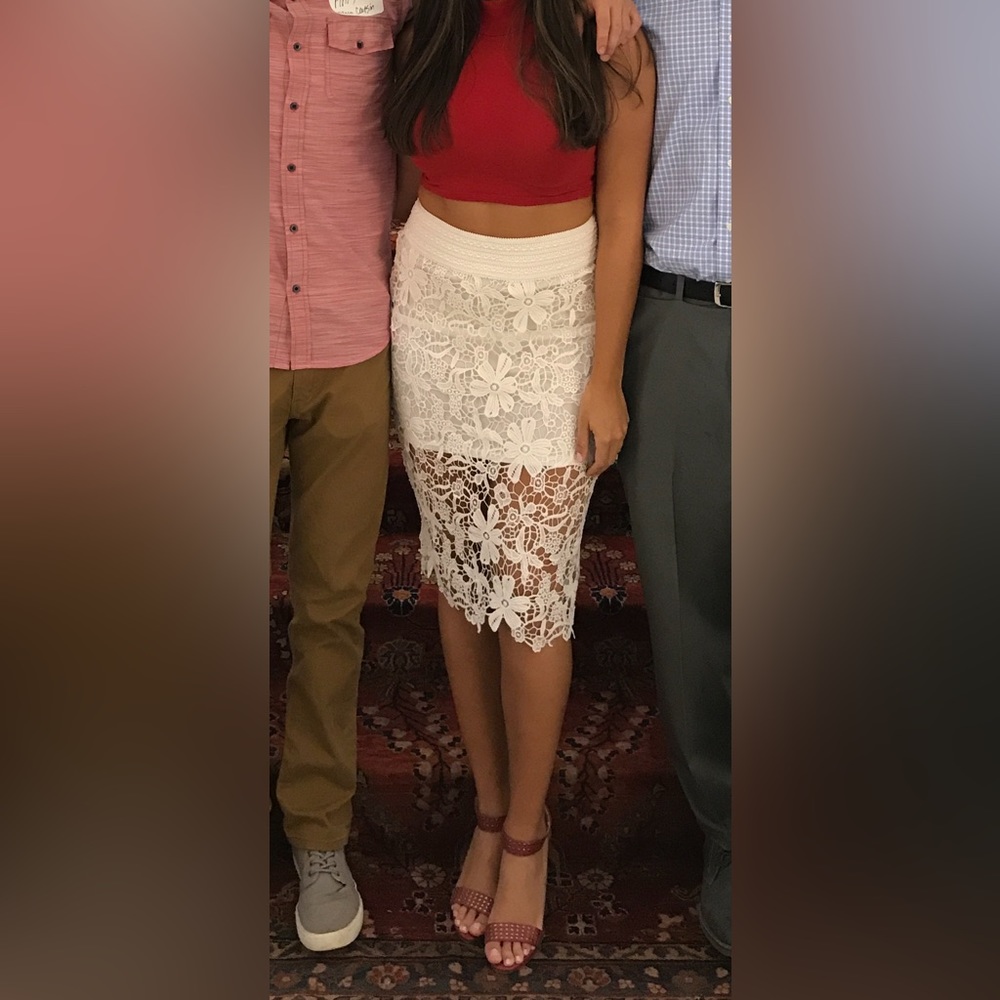 High waisted white lace midi skirt / great for wedding/brides or special events